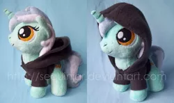 Size: 1000x591 | Tagged: artist:sequinjar, chibi, clothes, cute, derpibooru import, fanfic:background pony, hoodie, irl, looking up, lyrabetes, lyra heartstrings, photo, plushie, safe, smiling, solo