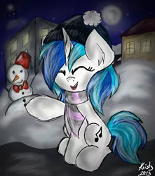 Size: 800x905 | Tagged: safe, artist:kristysk, derpibooru import, vinyl scratch, clothes, cute, scarf, snow, snowman, solo, vinylbetes, winter