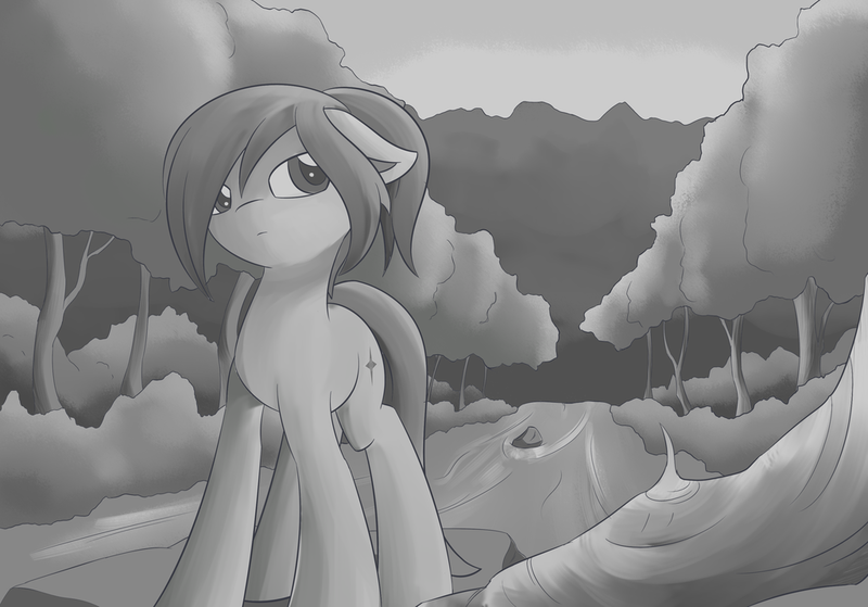 Size: 1024x716 | Tagged: artist:dusthiel, derpibooru import, forest, grayscale, monochrome, oc, oc:dust wind, safe, solo, unofficial characters only