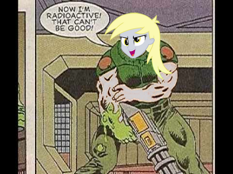 Size: 480x359 | Tagged: safe, derpibooru import, edit, derpy hooves, equestria girls, chaingun, doom, doom comic, doomguy, krita, plushie, radiation, radioactive