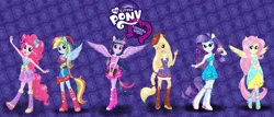 Size: 11271x4827 | Tagged: safe, artist:deannaphantom13, derpibooru import, applejack, fluttershy, pinkie pie, rainbow dash, rarity, twilight sparkle, equestria girls, absurd resolution, bare shoulders, boots, equestria girls logo, equestria girls plus, fall formal outfits, hat, high heel boots, logo, mane six, my little pony logo, ponytail, sleeveless, strapless, top hat, wallpaper, wings