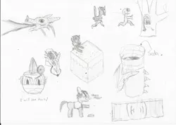 Size: 3287x2346 | Tagged: artist:derek the metagamer, boss, chainsaw, changeling, cube, cup, demon, derpibooru import, disembodied head, doctor, dragon, dragonified, drawing, fire, fluttershy, fluttertree, implied rarity, minecraft, monochrome, ninja headband, ponified, safe, sketch, species swap, spike, traditional art, twilight sparkle