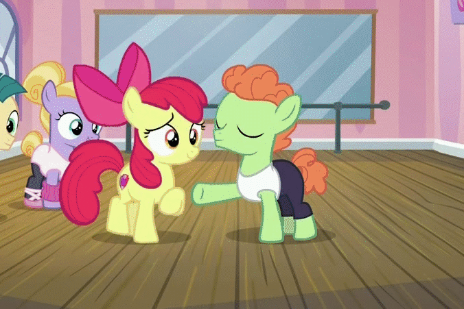 Size: 676x451 | Tagged: adorabloom, animated, apple bloom, awkward, awkward moment, awkward smile, cheek squish, colt, cute, cutie mark, dancing, derpibooru import, filly, on your marks, safe, shining passion, shuffle step, the cmc's cutie marks, waltzer