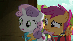 Size: 1280x720 | Tagged: animated, clubhouse, crochet, crusaders clubhouse, cutie mark, dark, derpibooru import, discovery family logo, disturbed, do not want, head shake, nope, on your marks, safe, scared, scootaloo, screencap, sweetie belle, the cmc's cutie marks, this will end in tears and/or death and/or covered in tree sap