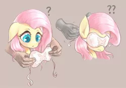 Size: 1000x699 | Tagged: safe, artist:mlpanon, derpibooru import, fluttershy, human, pony, blindfold, blushing, confused, cute, disembodied hand, explicit source, female, mare, pony pet, question mark, shyabetes, sweet dreams fuel