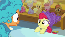 Size: 1000x562 | Tagged: safe, derpibooru import, screencap, apple bloom, button mash, carrot top, cherry berry, dinky hooves, doctor whooves, golden harvest, lily, lily valley, roseluck, ruby pinch, tender taps, time turner, earth pony, pony, on your marks, animated, audience, cheering, clapping, colt, crochet, cutie mark, cutiespark, dancing, discovery family logo, excited, grin, happy, horse noises, male, smiling, stage, stallion, the cmc's cutie marks, victory dance