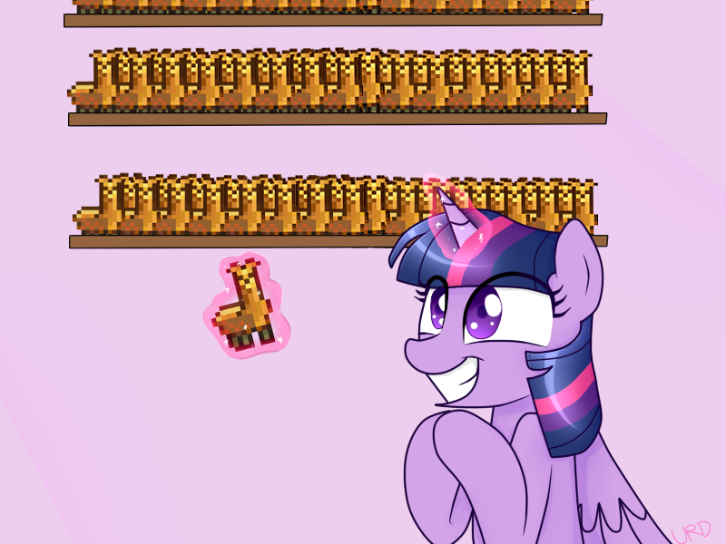 Size: 800x600 | Tagged: safe, artist:ultrard, derpibooru import, twilight sparkle, twilight sparkle (alicorn), alicorn, llama, pony, colored pupils, cute, deviantart, eyes on the prize, female, grin, levitation, magic, mare, shelf, signature, smiling, solo, squee, telekinesis