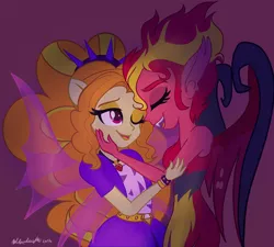 Size: 900x810 | Tagged: safe, artist:wubcakeva, derpibooru import, adagio dazzle, sunset shimmer, equestria girls, rainbow rocks, cute, eyes closed, female, lesbian, shipping, sunsagio, sunset satan, wink