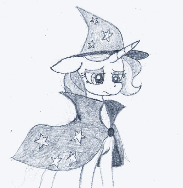 Size: 777x800 | Tagged: safe, artist:paskanaakka, derpibooru import, trixie, pony, unicorn, female, mare, mlp rewind art challenge, monochrome, sketch, solo, traditional art