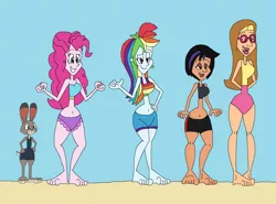 Size: 2873x2121 | Tagged: safe, artist:hunterxcolleen, derpibooru import, honey lemon, pinkie pie, rainbow dash, human, equestria girls, beach, belly button, big hero 6, bikini, clothes, crossover, feet, gogo tomago, humanized, judy hopps, one-piece swimsuit, shorts, simple background, swimsuit, wetsuit, zootopia