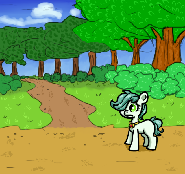 Size: 640x600 | Tagged: safe, artist:ficficponyfic, color edit, derpibooru import, edit, oc, oc:emerald jewel, unofficial characters only, earth pony, pony, colt quest, amulet, bush, child, cloud, color, colored, colt, cyoa, dirt, explicit source, femboy, foal, forest, frown, grass, hair over one eye, male, sky, solo, trap, tree, wood, worried