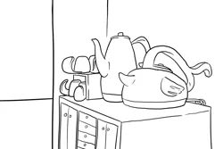 Size: 1280x853 | Tagged: artist:docwario, ask, ask pia ikea, barely pony related, comic, cup, derpibooru import, monochrome, safe, teapot, tumblr