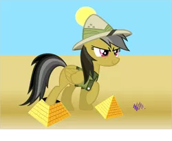 Size: 1502x1230 | Tagged: safe, artist:trohobo, derpibooru import, ahuizotl, daring do, derpy hooves, pegasus, pony, egypt, female, giant pony, growth, macro, mare, pyramid