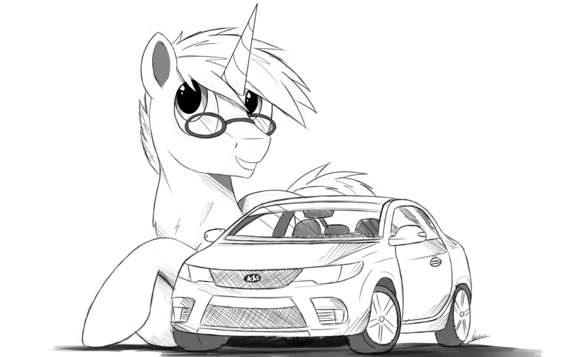 Size: 3569x2250 | Tagged: safe, artist:ncmares, derpibooru import, oc, oc:cobalt blaze, unofficial characters only, pony, car, commission, digital art, giant pony, kia, kia forte, macro, solo