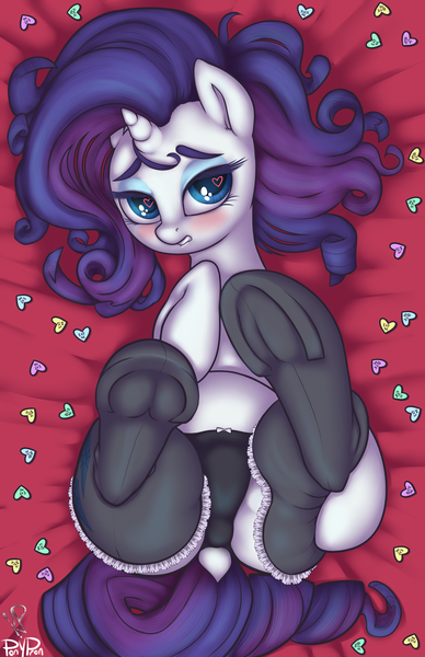 Size: 3300x5100 | Tagged: questionable, alternate version, artist:kinkypinkie, artist:ponypeon, derpibooru import, rarity, pony, unicorn, art pack:hearts and hooves clopfolio, advertisement, art pack, black underwear, clothes, collaboration, dark genitals, female, frog (hoof), heart eyes, hearts and hooves day, nudity, on back, panties, rearity, solo, solo female, stockings, underhoof, underwear, vulgar, wingding eyes