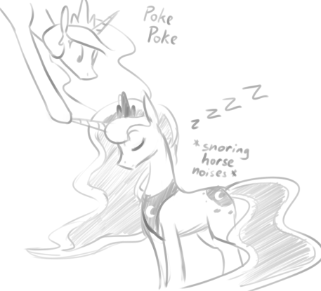 Size: 457x415 | Tagged: safe, artist:whatsapokemon, derpibooru import, princess celestia, princess luna, pony, ceiling pony, descriptive noise, ethereal mane, ethereal tail, female, horn, horn poke, horse noises, image, jewelry, mare, meme, png, poking, sketch, sleeping, tiara, wingless, zzz