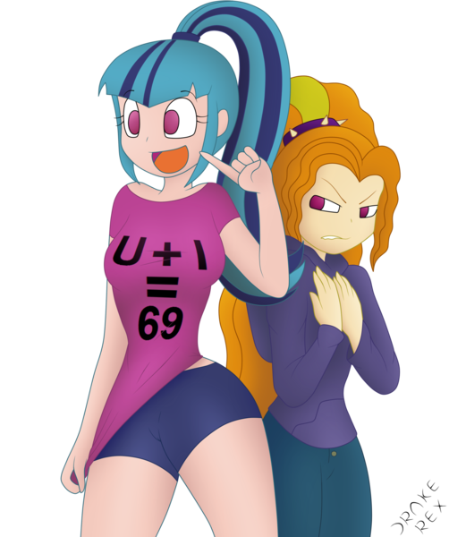 Size: 1656x1980 | Tagged: suggestive, artist:drake-rex, derpibooru import, adagio dazzle, sonata dusk, equestria girls, breast envy, breasts, clothes, delicious flat chest, flatdagio dazzle, human coloration, shorts, t-shirt