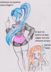 Size: 2009x2836 | Tagged: safe, artist:orochivanus, derpibooru import, adagio dazzle, sonata dusk, equestria girls, clothes, jacket, simple background, skirt, socks, spanish, thigh highs, traditional art