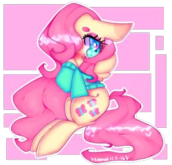 Size: 2080x2000 | Tagged: safe, artist:bunxl, derpibooru import, fluttershy, blushing, bottomless, clothes, cyan eyes, cyan sweater, digital art, green sweater, heart eyes, partial nudity, pink hair, pink mane, pink tail, solo, sweater, sweatershy, wingding eyes, yellow coat