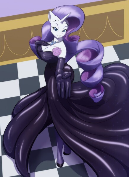 Size: 931x1280 | Tagged: anthro, artist:toughset, bedroom eyes, big breasts, breasts, busty rarity, canterlot, cleavage, clothes, commission, dead source, derpibooru import, dress, evening gloves, female, gloves, latex, latex dress, latex gloves, rarity, reaching out, solo, solo female, suggestive, take my hand, unguligrade anthro