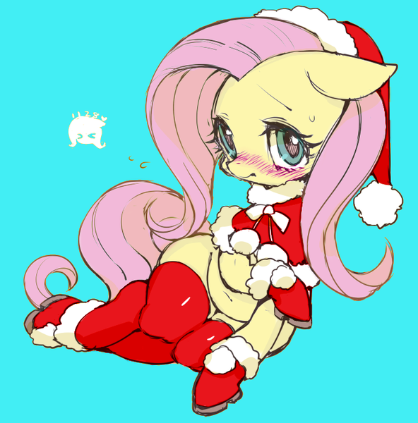 Size: 691x700 | Tagged: safe, artist:rikose, derpibooru import, fluttershy, pony, belly button, blue background, blushing, christmas, clothes, colored, costume, cute, female, hat, holiday, mare, santa costume, santa hat, shyabetes, simple background, socks, solo, sweat, sweatdrop