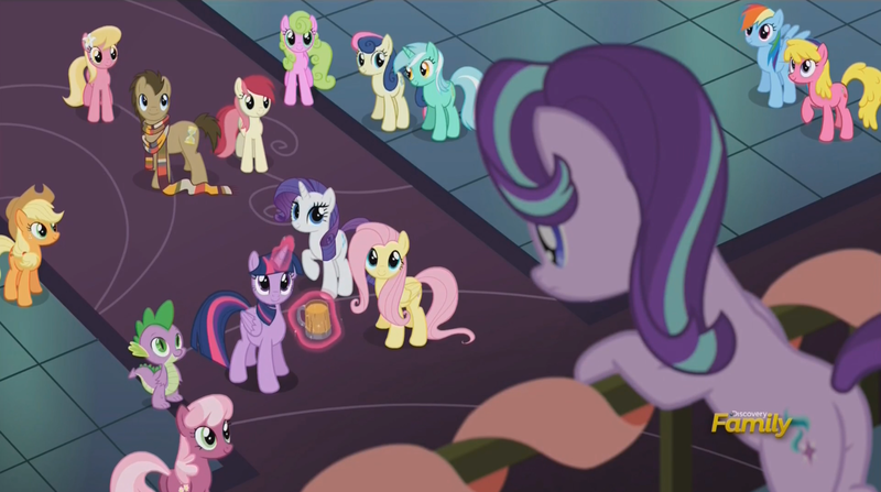 Size: 1478x826 | Tagged: safe, derpibooru import, screencap, applejack, bon bon, cheerilee, cherry berry, daisy, doctor whooves, flower wishes, fluttershy, lily, lily valley, lyra heartstrings, pinkie pie, rainbow dash, rarity, roseluck, starlight glimmer, sweetie drops, time turner, twilight sparkle, twilight sparkle (alicorn), alicorn, pony, a hearth's warming tail, discovery family logo, female, mane six, mare, tom baker's scarf