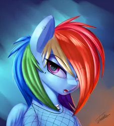 Size: 1100x1210 | Tagged: safe, artist:elzzombie, derpibooru import, rainbow dash, pegasus, pony, alternate hairstyle, female, fishnets, image, jpeg, open mouth, piercing, rainbow punk, solo