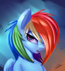 Size: 2000x2200 | Tagged: safe, artist:elzzombie, derpibooru import, rainbow dash, pegasus, pony, abstract background, alternate hairstyle, beauty mark, bust, heart, image, jewelry, jpeg, lidded eyes, looking at you, necklace, open mouth, piercing, portrait, rainbow punk, signature, skull, snake bites, solo