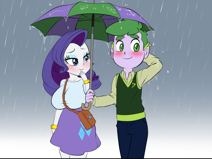 Size: 700x526 | Tagged: safe, artist:pia-sama, derpibooru import, edit, rarity, spike, equestria girls, big breasts, blushing, breasts, busty rarity, female, huge breasts, human spike, male, purse, rain, shipping, sparity, straight, umbrella, wet