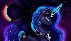 Size: 2450x1400 | Tagged: safe, artist:das_leben, derpibooru import, princess luna, alicorn, bat pony, bat pony alicorn, pony, bat ponified, crown, eclipse, female, lunabat, mare, modified accessory, moon, night, race swap, solar eclipse, solo, spread wings