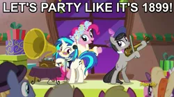 Size: 849x474 | Tagged: safe, derpibooru import, edit, edited screencap, screencap, cherry berry, coco crusoe, evening stroll, octavia melody, paraviolet, pinkie pie, spirit of hearth's warming presents, unnamed pony, vinyl scratch, pony, a hearth's warming tail, background pony, discovery family logo, image macro, meme, phonograph, prince (musician), victrola scratch, wax cylinder, weird al yankovic