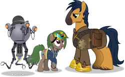 Size: 5306x3250 | Tagged: safe, artist:vector-brony, derpibooru import, oc, unofficial characters only, pony, robot, unicorn, fallout equestria, absurd resolution, clothes, commission, fallout, mister handy, raised hoof, simple background, transparent background, vault suit, vector