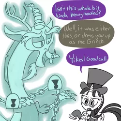 Size: 3000x3000 | Tagged: safe, artist:turkleson, derpibooru import, discord, snowfall frost, starlight glimmer, draconequus, ghost, pony, unicorn, a hearth's warming tail, chains, clothes, ghost discord, hat, hilarious in hindsight, jacob marley, padlock, parody, pince-nez, raised hoof, simple background, top hat, white background