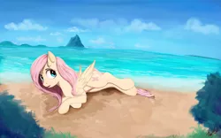 Size: 1920x1200 | Tagged: artist:miokomata, cloud, crossed hooves, cute, derpibooru import, fluttershy, island, ocean, open mouth, safe, sand, scenery, shore, shyabetes, sky, solo, summer, water