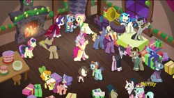 Size: 1920x1080 | Tagged: safe, derpibooru import, screencap, baroque cloak, bonnie rose, carrot top, evening stroll, featherweight, flutterholly, fluttershy, golden harvest, lyra heartstrings, merry, octavia melody, paraviolet, pinkie pie, rainbow dash, snowdash, sooty sweeps, spirit of hearth's warming presents, vinyl scratch, earth pony, pegasus, pony, unicorn, a hearth's warming tail, animation error, clothes, colt, discovery family logo, female, foal, gramophone, james moriarty, john watson, male, mare, phonograph, ponies talking to each other, sherlock holmes, stallion, victrola scratch, wax cylinder