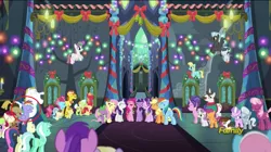 Size: 1366x767 | Tagged: safe, derpibooru import, edit, edited screencap, screencap, apple bloom, applejack, big macintosh, blossomforth, bon bon, bulk biceps, carrot cake, cheerilee, cookie crumbles, cup cake, daisy, diamond tiara, doctor whooves, flower wishes, fluttershy, granny smith, helia, lyra heartstrings, pinkie pie, pipsqueak, pound cake, pumpkin cake, rainbow blaze, rainbow dash, rarity, roseluck, rumble, scootaloo, silver spoon, spike, starlight glimmer, sweetie belle, sweetie drops, thunderlane, time turner, twilight sparkle, twilight sparkle (alicorn), alicorn, pony, a hearth's warming tail, background pony, circled, discovery family logo, female, male, mane six, mare, stallion, tom baker's scarf