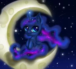 Size: 3178x2886 | Tagged: safe, artist:nuumia, derpibooru import, princess luna, alicorn, pony, crescent moon, cute, filly, looking at you, lunabetes, missing accessory, moon, night, sitting, sky, smiling, solo, starry eyes, stars, tangible heavenly object, transparent moon, wingding eyes, woona, younger