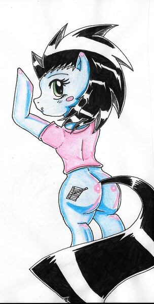 Size: 861x1700 | Tagged: safe, artist:haruka takahashi, derpibooru import, oc, oc:haruka takahashi, unofficial characters only, earth pony, pony, anatomically incorrect, bad anatomy, bipedal, blushing, light pink shirt, traditional art