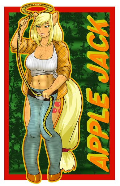 Size: 3300x5100 | Tagged: abs, absurd resolution, anthro, applejack, artist:furrpurrv, belly button, belt, big breasts, breasts, busty applejack, clothes, denim, derpibooru import, female, freckles, jeans, lasso, midriff, pants, rope, solo, solo female, suggestive, unguligrade anthro