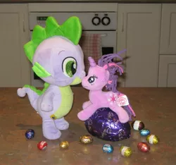 Size: 1883x1765 | Tagged: artist:cheerbearsfan, chocolate, chocolate egg, derpibooru import, food, irl, photo, plushie, safe, spike, twilight sparkle