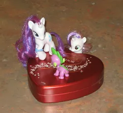 Size: 1896x1746 | Tagged: safe, artist:cheerbearsfan, derpibooru import, rarity, spike, sweetie belle, blind bag, box, box of chocolates, brushable, female, irl, male, photo, shipping, sparity, straight, toy