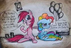 Size: 1101x738 | Tagged: safe, artist:xxpinkamena-piexx, derpibooru import, pinkie pie, rainbow dash, balloon, dynamic dash, hairstyle swap, mane swap, traditional art, unamused