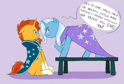 Size: 2000x1362 | Tagged: safe, artist:pikokko, derpibooru import, sunburst, trixie, pony, unicorn, blushing, dialogue, face to face, female, frown, glasses, implied lesbian, implied shipping, implied starlight glimmer, implied startrix, intimidating, jealous, looking at each other, mare, possessive, purple background, simple background, sitting, sunburst's glasses, sunburst's robe, table, threat, threatening, trixie's cape