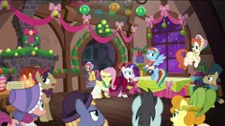 Size: 1920x1080 | Tagged: safe, derpibooru import, screencap, bonnie rose, bow bonnet, carrot top, doctor whooves, flutterholly, fluttershy, golden harvest, merry, neon lights, rainbow dash, rarity, rising star, snowdash, time turner, unnamed pony, pony, a hearth's warming tail, background pony, booing, discovery family logo