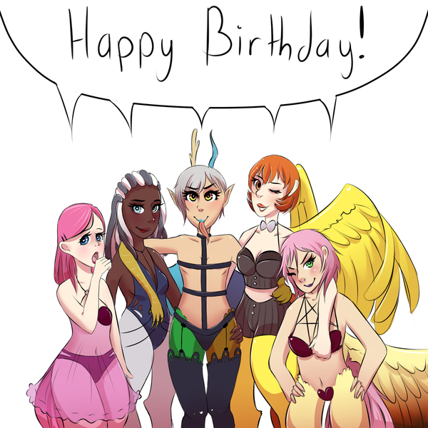 Size: 1500x1500 | Tagged: artist:cups, clothes, derpibooru import, happy birthday, lingerie, oc, oc:ace, oc:asha, oc:kaos, oc:mumble, oc:thorn, offspring, parent:discord, parent:fluttershy, parent:pinkie pie, parent:spitfire, parent:zecora, questionable, satyr, unofficial characters only