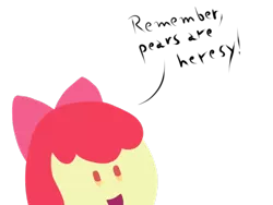 Size: 640x480 | Tagged: safe, artist:deserter, derpibooru import, apple bloom, equestria girls, food, heresy, hilarious in hindsight, pear, simple background, smiling, transparent background