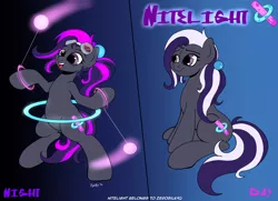 Size: 2162x1565 | Tagged: safe, artist:kyokimute, derpibooru import, oc, oc:nitelight, unofficial characters only, earth pony, pony, commission, glowstick, goggles, ponytail, reference sheet