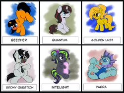 Size: 2941x2211 | Tagged: artist:kyokimute, colt, cute, derpibooru import, female, filly, handstand, male, oc, oc:beecher, oc:brony question, oc:golden lust, oc:nitelight, oc:quantum shift, oc:varra, pose, safe, small, smolwatcherscards, unofficial characters only