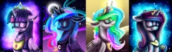 Size: 4657x1417 | Tagged: safe, artist:wingsterwin, derpibooru import, princess cadance, princess celestia, princess luna, twilight sparkle, twilight sparkle (alicorn), alicorn, pony, absurd resolution, alicorn tetrarchy, bust, eyes closed, female, floppy ears, horn jewelry, jewelry, mare, portrait