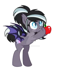 Size: 1024x1229 | Tagged: safe, artist:silent-shadow-wolf, derpibooru import, oc, oc:candle wick, unofficial characters only, bat pony, pony, apple, food, simple background, solo, transparent background, watermark